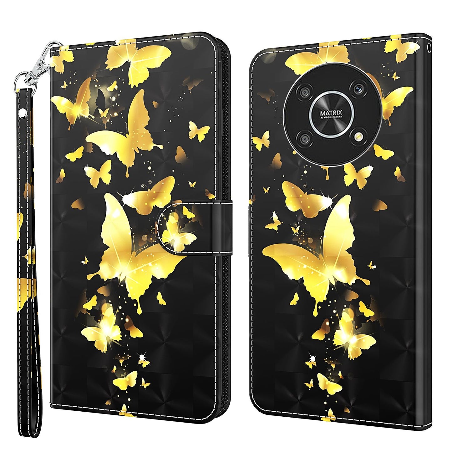 For Honor Magic4 Lite 4G / 5G PU Leather Flip Wallet Cover 3D Pattern Printing Stand Feature Magnetic Protective Phone Case with Strap
