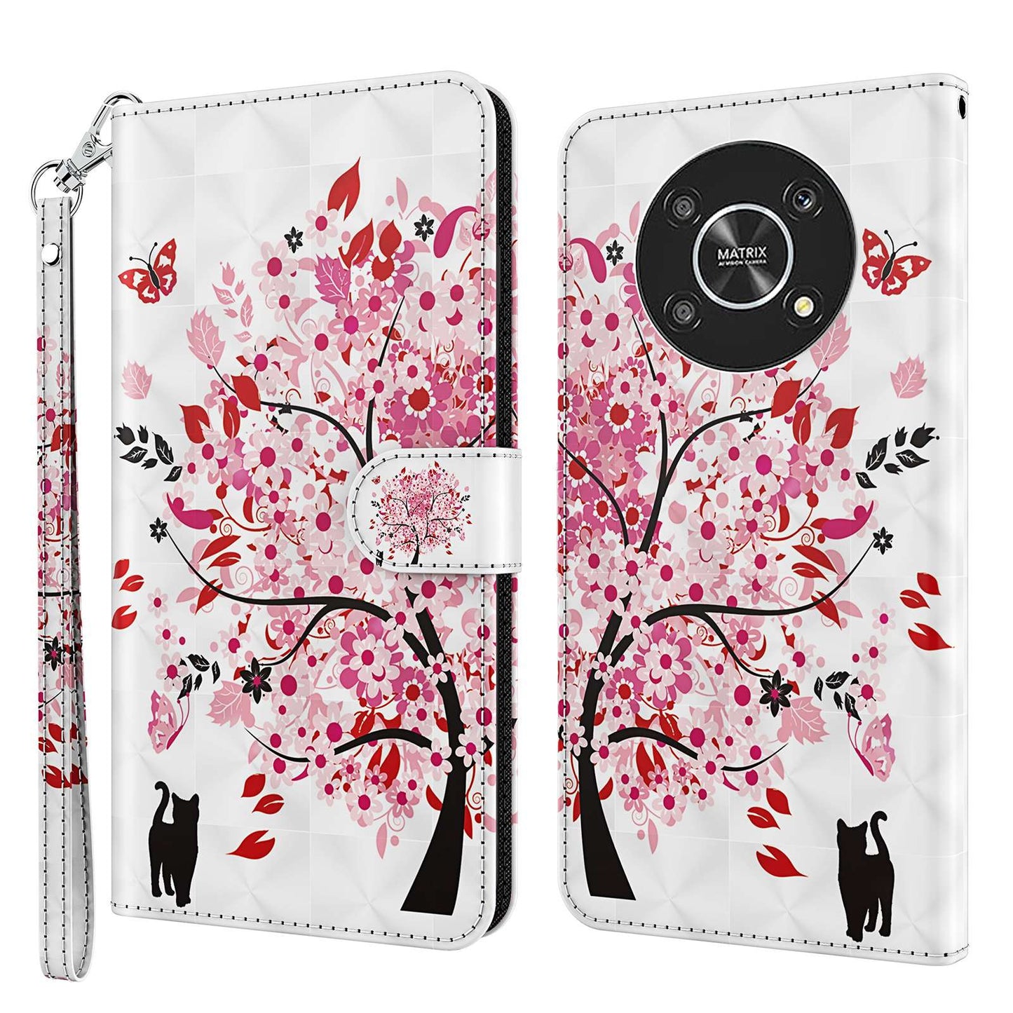 For Honor Magic4 Lite 4G / 5G PU Leather Flip Wallet Cover 3D Pattern Printing Stand Feature Magnetic Protective Phone Case with Strap