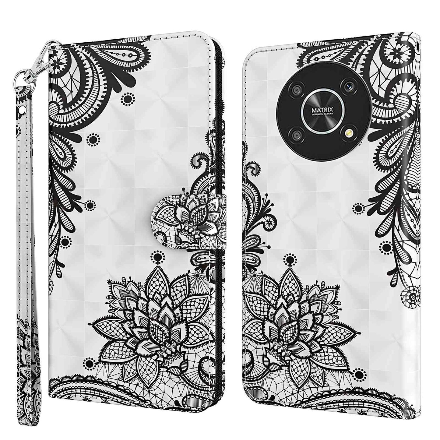 For Honor Magic4 Lite 4G / 5G PU Leather Flip Wallet Cover 3D Pattern Printing Stand Feature Magnetic Protective Phone Case with Strap