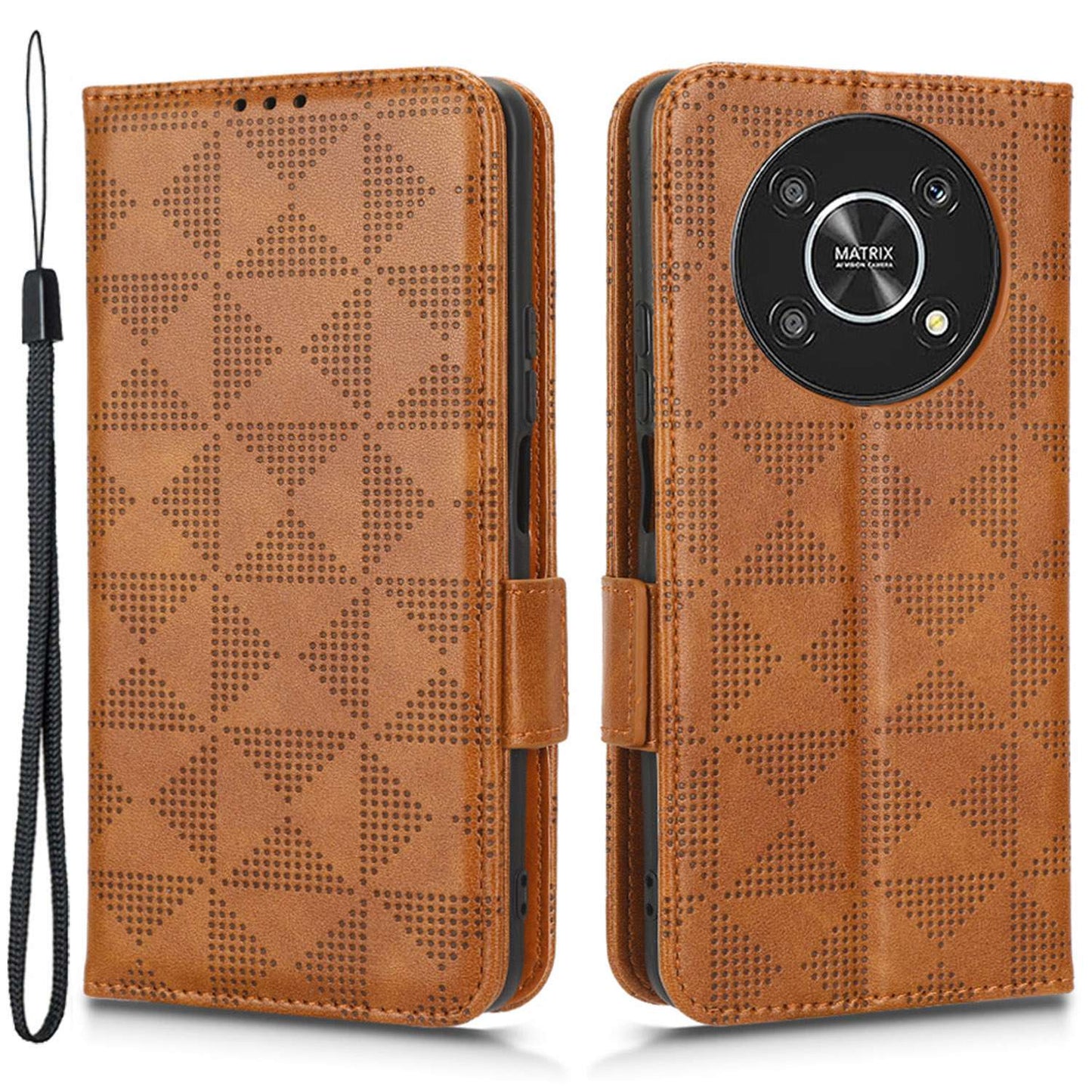 For Honor X9 5G / X30 5G / Magic4 Lite 5G Imprinted Triangle Pattern PU Leather Magnetic Flip Cover Stand Hand Strap Wallet Purse Case