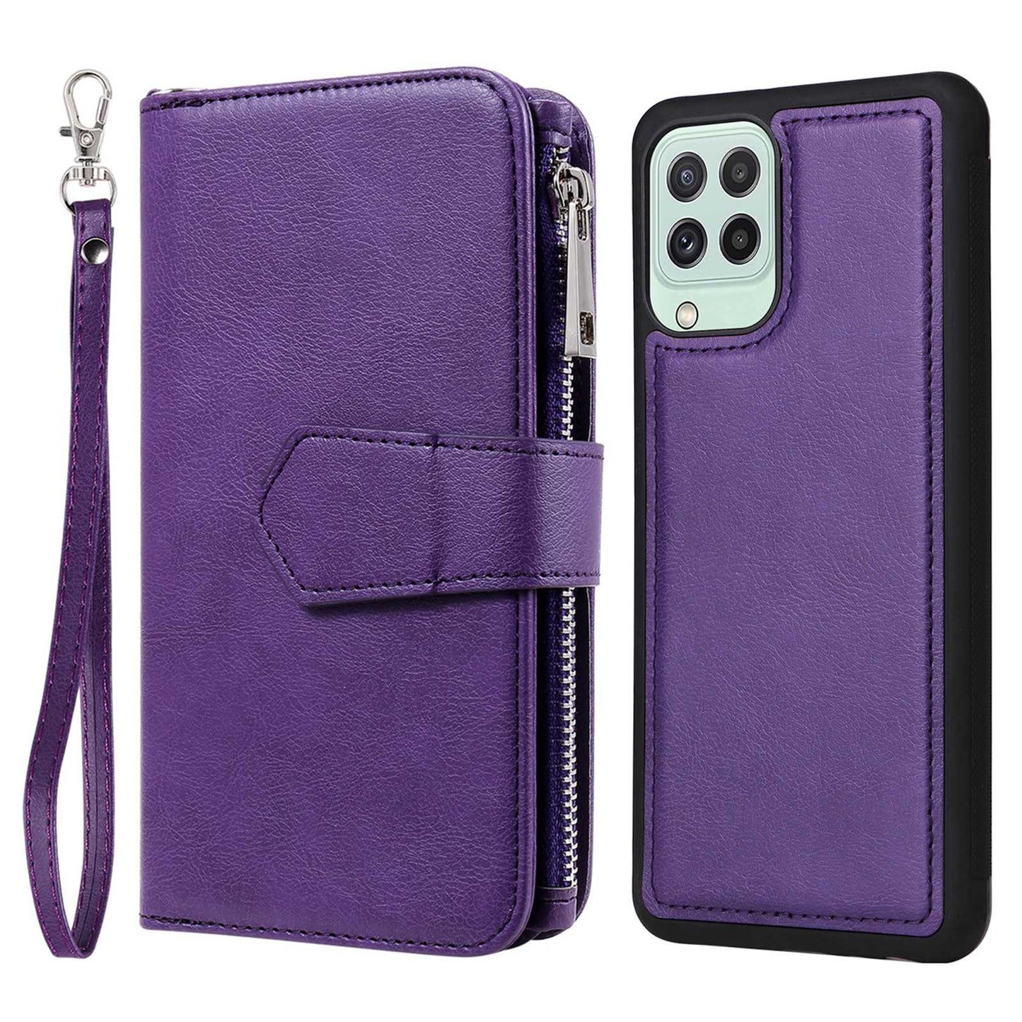 KT Multi-functional Series-4 Magnetic Phone Case for Samsung Galaxy A22 4G (EU Version), Stand PU Leather Wallet Cover with Zipper Pocket