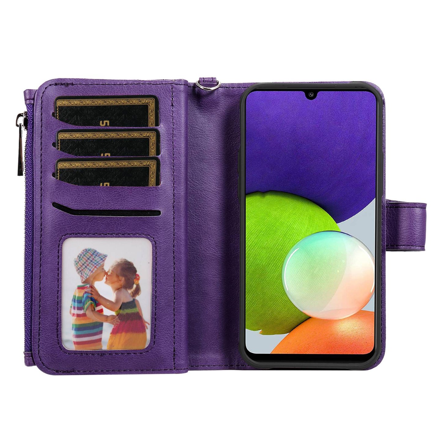 KT Multi-functional Series-4 Magnetic Phone Case for Samsung Galaxy A22 4G (EU Version), Stand PU Leather Wallet Cover with Zipper Pocket