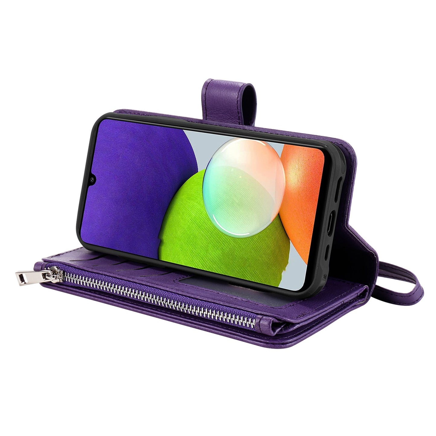 KT Multi-functional Series-4 Magnetic Phone Case for Samsung Galaxy A22 4G (EU Version), Stand PU Leather Wallet Cover with Zipper Pocket