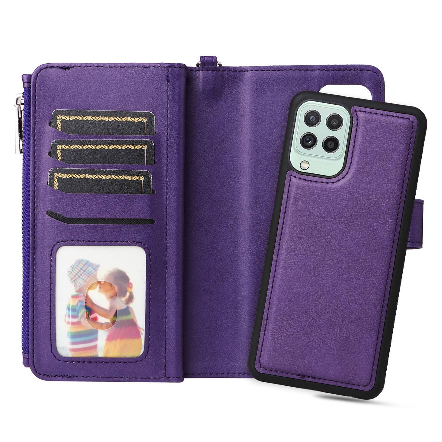 KT Multi-functional Series-4 Magnetic Phone Case for Samsung Galaxy A22 4G (EU Version), Stand PU Leather Wallet Cover with Zipper Pocket