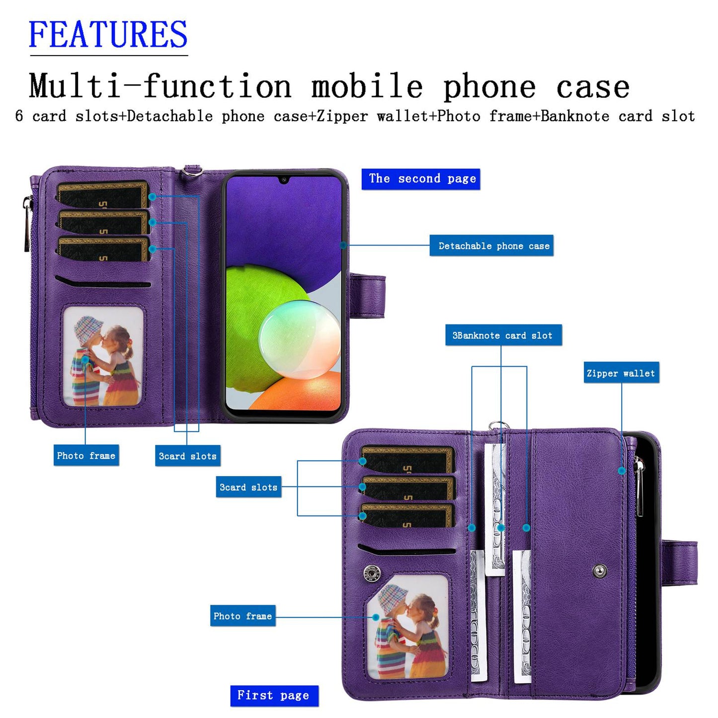 KT Multi-functional Series-4 Magnetic Phone Case for Samsung Galaxy A22 4G (EU Version), Stand PU Leather Wallet Cover with Zipper Pocket