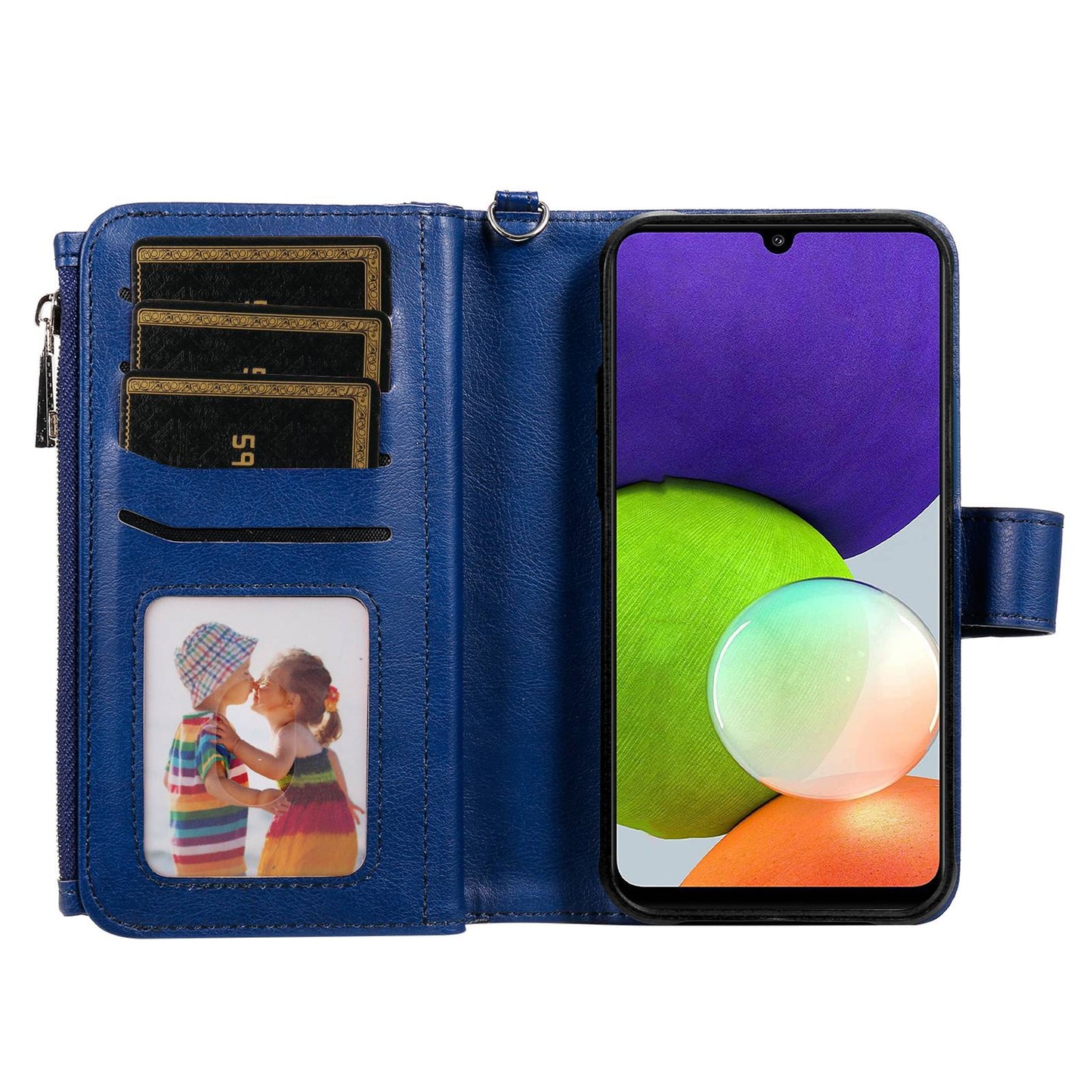 KT Multi-functional Series-4 Magnetic Phone Case for Samsung Galaxy A22 4G (EU Version), Stand PU Leather Wallet Cover with Zipper Pocket