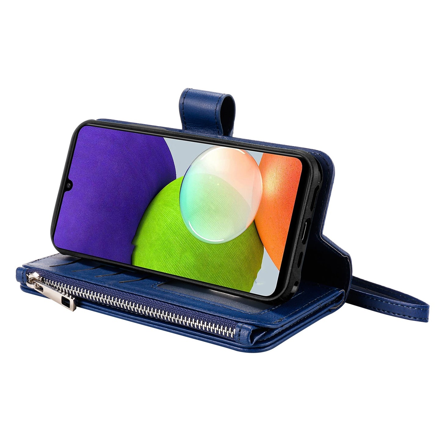 KT Multi-functional Series-4 Magnetic Phone Case for Samsung Galaxy A22 4G (EU Version), Stand PU Leather Wallet Cover with Zipper Pocket