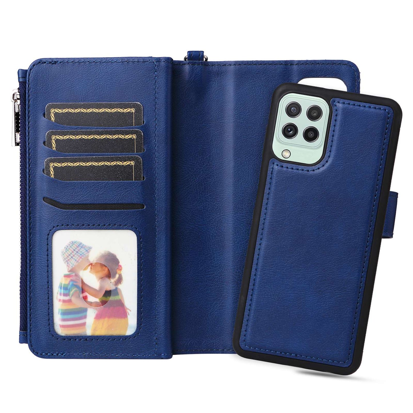 KT Multi-functional Series-4 Magnetic Phone Case for Samsung Galaxy A22 4G (EU Version), Stand PU Leather Wallet Cover with Zipper Pocket