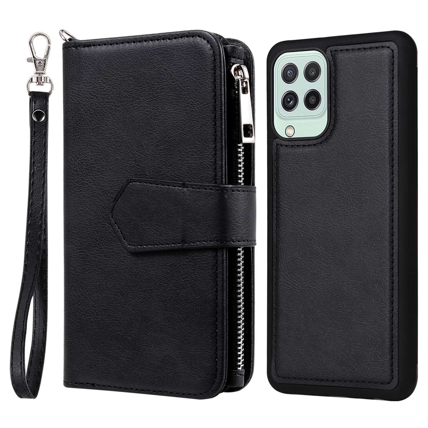 KT Multi-functional Series-4 Magnetic Phone Case for Samsung Galaxy A22 4G (EU Version), Stand PU Leather Wallet Cover with Zipper Pocket