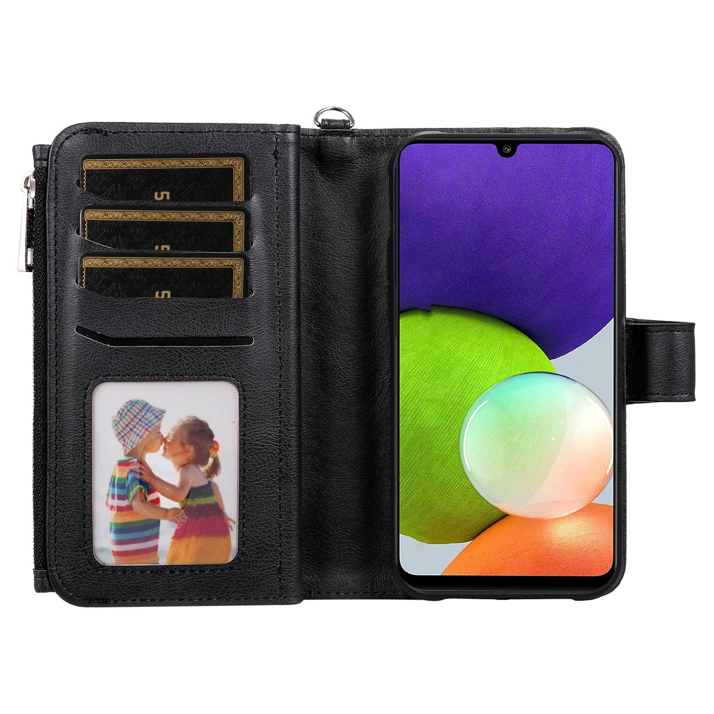 KT Multi-functional Series-4 Magnetic Phone Case for Samsung Galaxy A22 4G (EU Version), Stand PU Leather Wallet Cover with Zipper Pocket