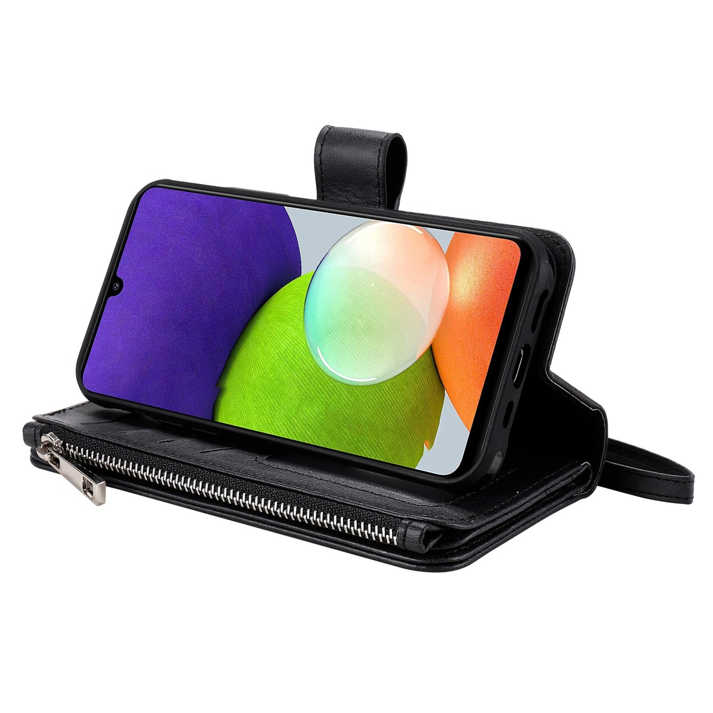 KT Multi-functional Series-4 Magnetic Phone Case for Samsung Galaxy A22 4G (EU Version), Stand PU Leather Wallet Cover with Zipper Pocket