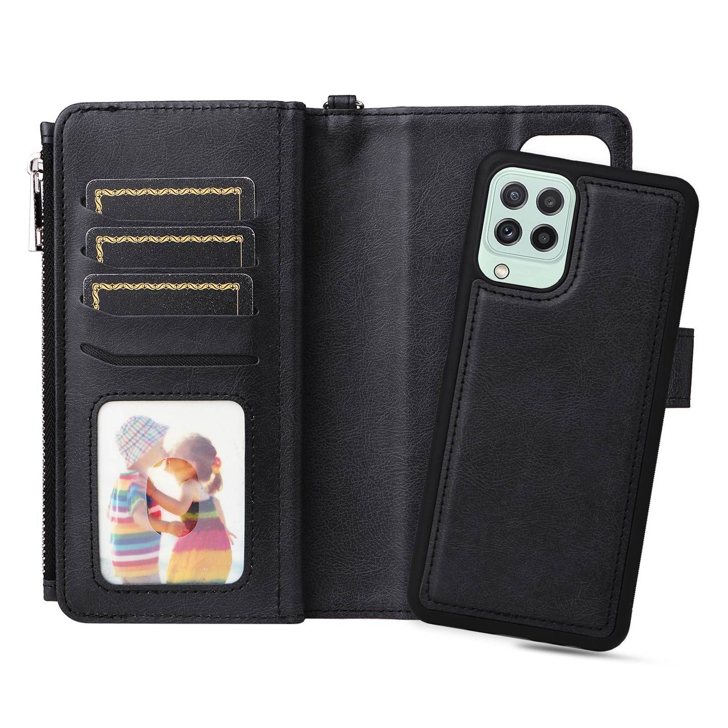 KT Multi-functional Series-4 Magnetic Phone Case for Samsung Galaxy A22 4G (EU Version), Stand PU Leather Wallet Cover with Zipper Pocket