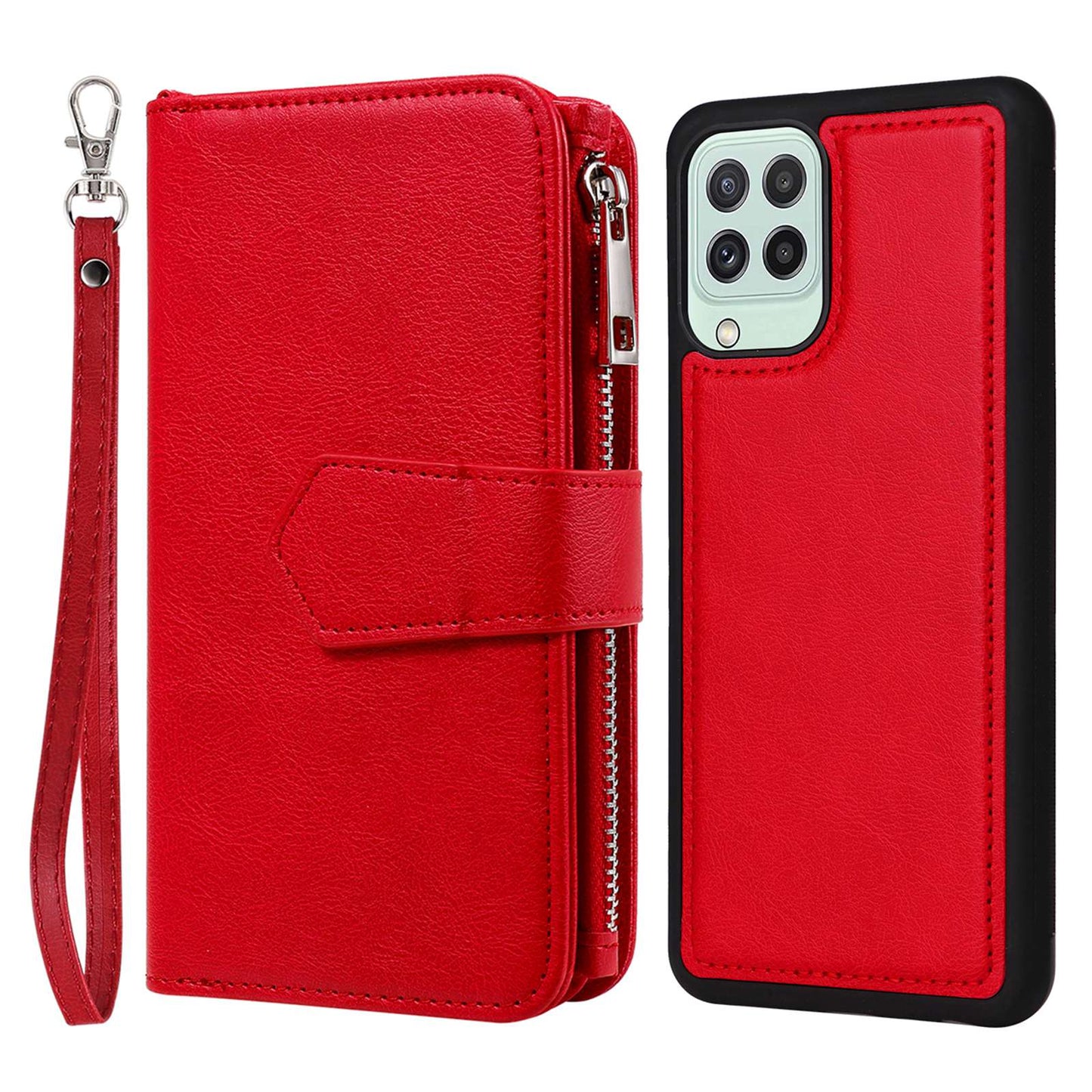 KT Multi-functional Series-4 Magnetic Phone Case for Samsung Galaxy A22 4G (EU Version), Stand PU Leather Wallet Cover with Zipper Pocket