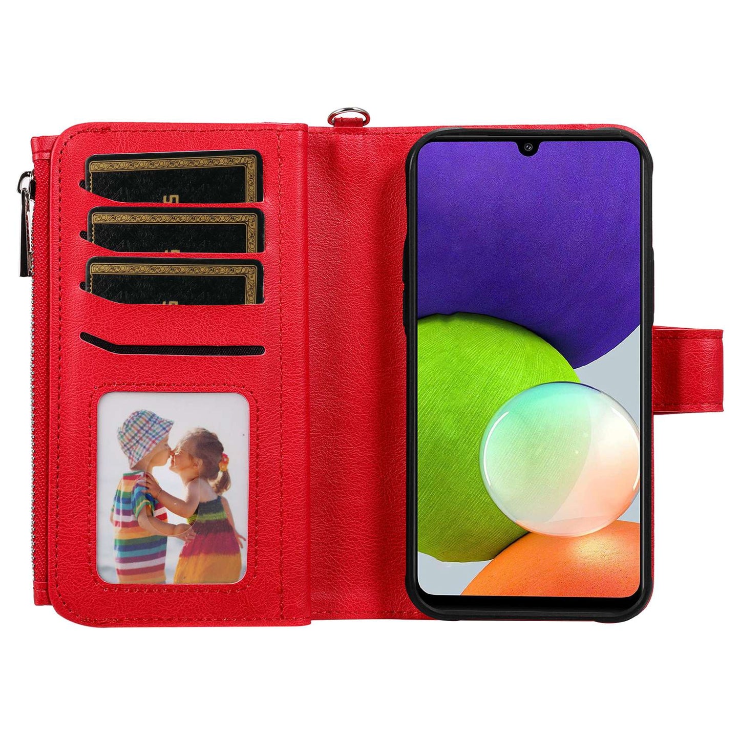 KT Multi-functional Series-4 Magnetic Phone Case for Samsung Galaxy A22 4G (EU Version), Stand PU Leather Wallet Cover with Zipper Pocket