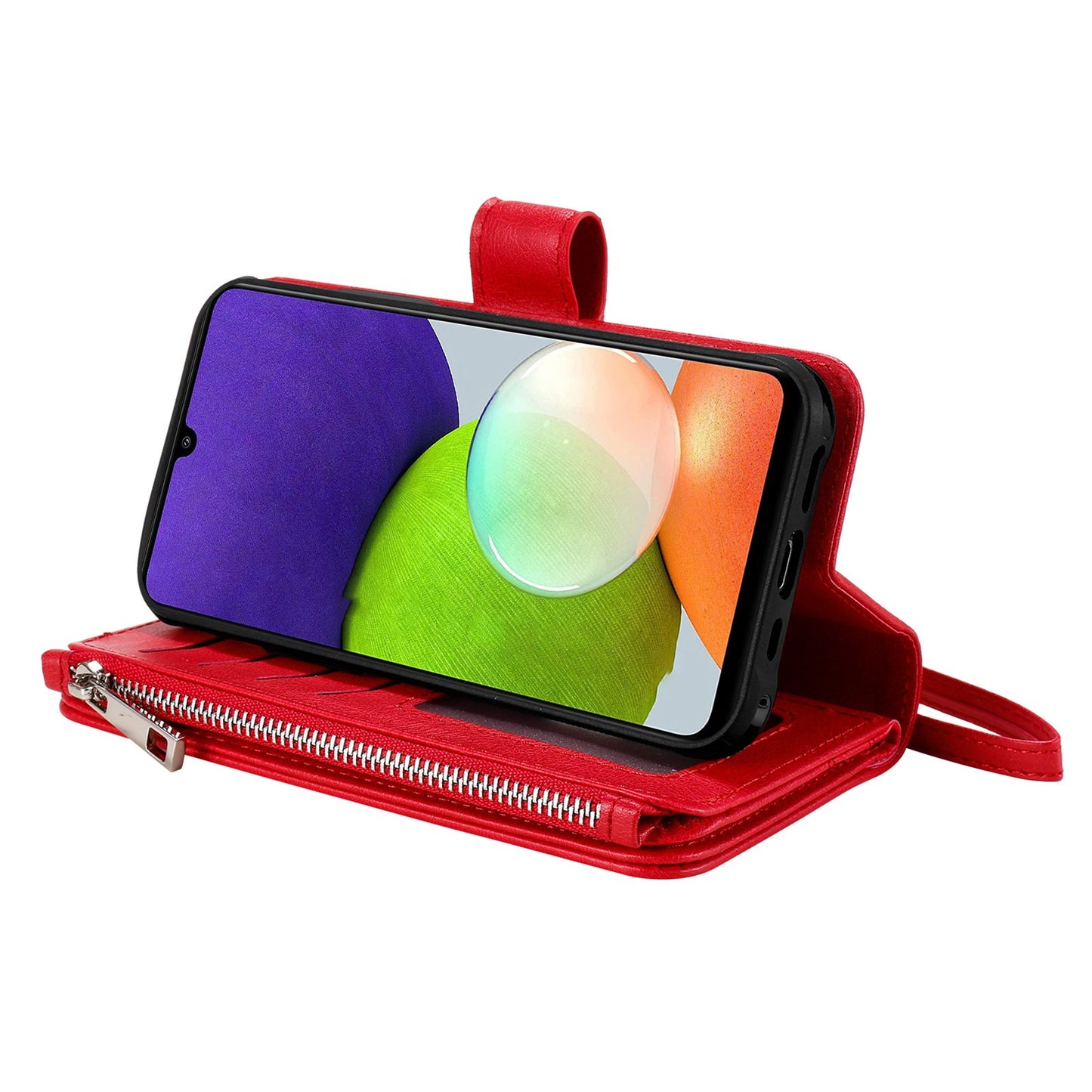 KT Multi-functional Series-4 Magnetic Phone Case for Samsung Galaxy A22 4G (EU Version), Stand PU Leather Wallet Cover with Zipper Pocket