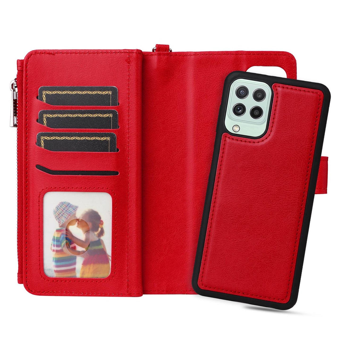 KT Multi-functional Series-4 Magnetic Phone Case for Samsung Galaxy A22 4G (EU Version), Stand PU Leather Wallet Cover with Zipper Pocket