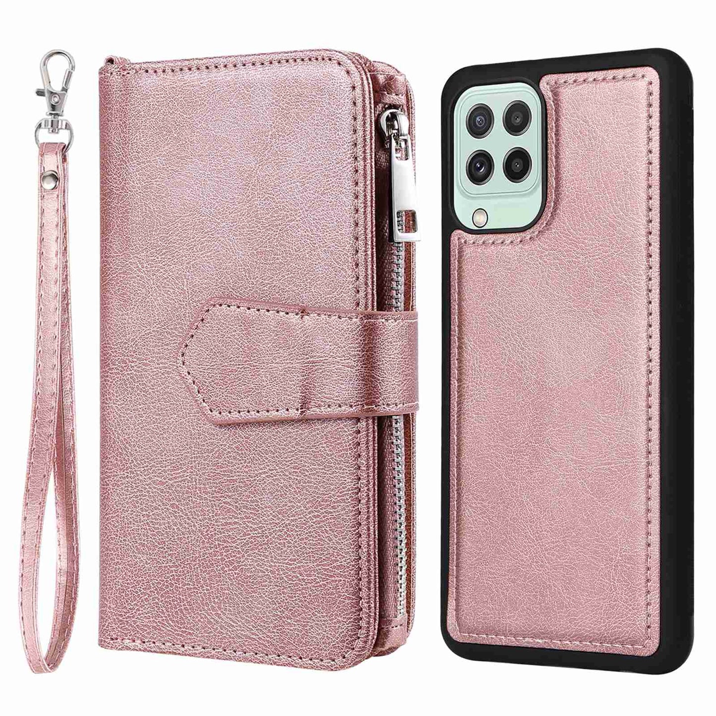 KT Multi-functional Series-4 Magnetic Phone Case for Samsung Galaxy A22 4G (EU Version), Stand PU Leather Wallet Cover with Zipper Pocket