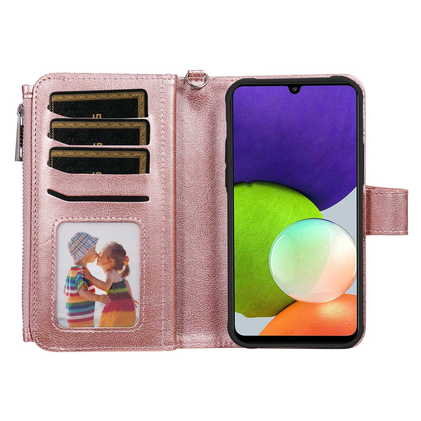 KT Multi-functional Series-4 Magnetic Phone Case for Samsung Galaxy A22 4G (EU Version), Stand PU Leather Wallet Cover with Zipper Pocket