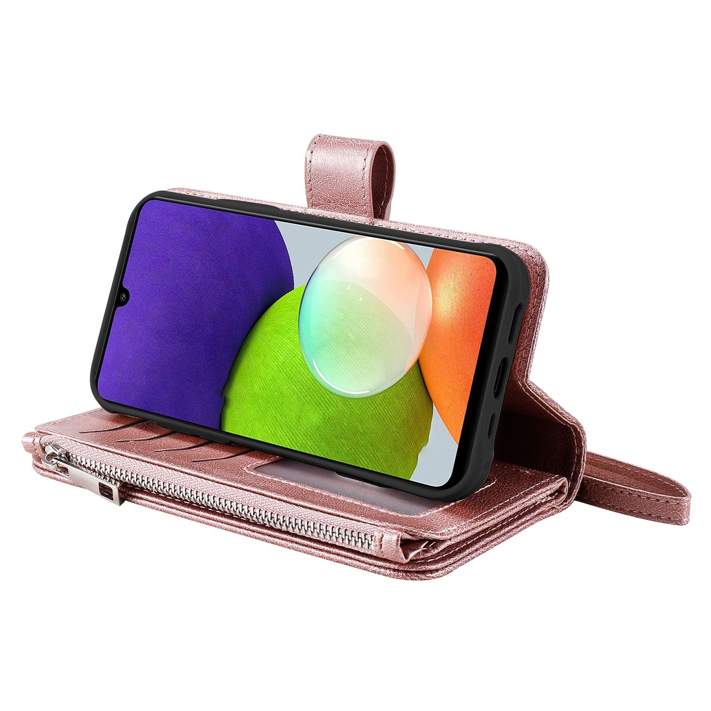 KT Multi-functional Series-4 Magnetic Phone Case for Samsung Galaxy A22 4G (EU Version), Stand PU Leather Wallet Cover with Zipper Pocket