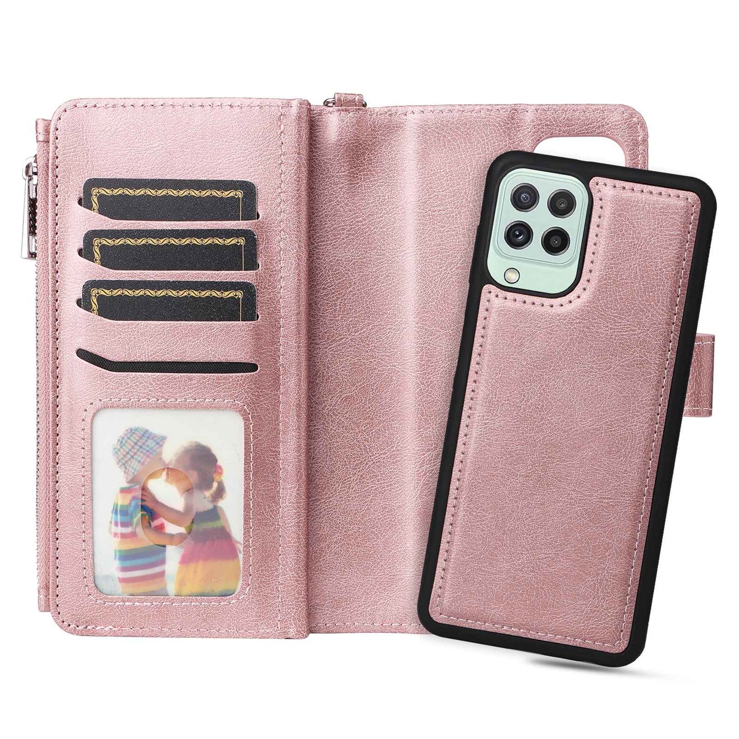KT Multi-functional Series-4 Magnetic Phone Case for Samsung Galaxy A22 4G (EU Version), Stand PU Leather Wallet Cover with Zipper Pocket