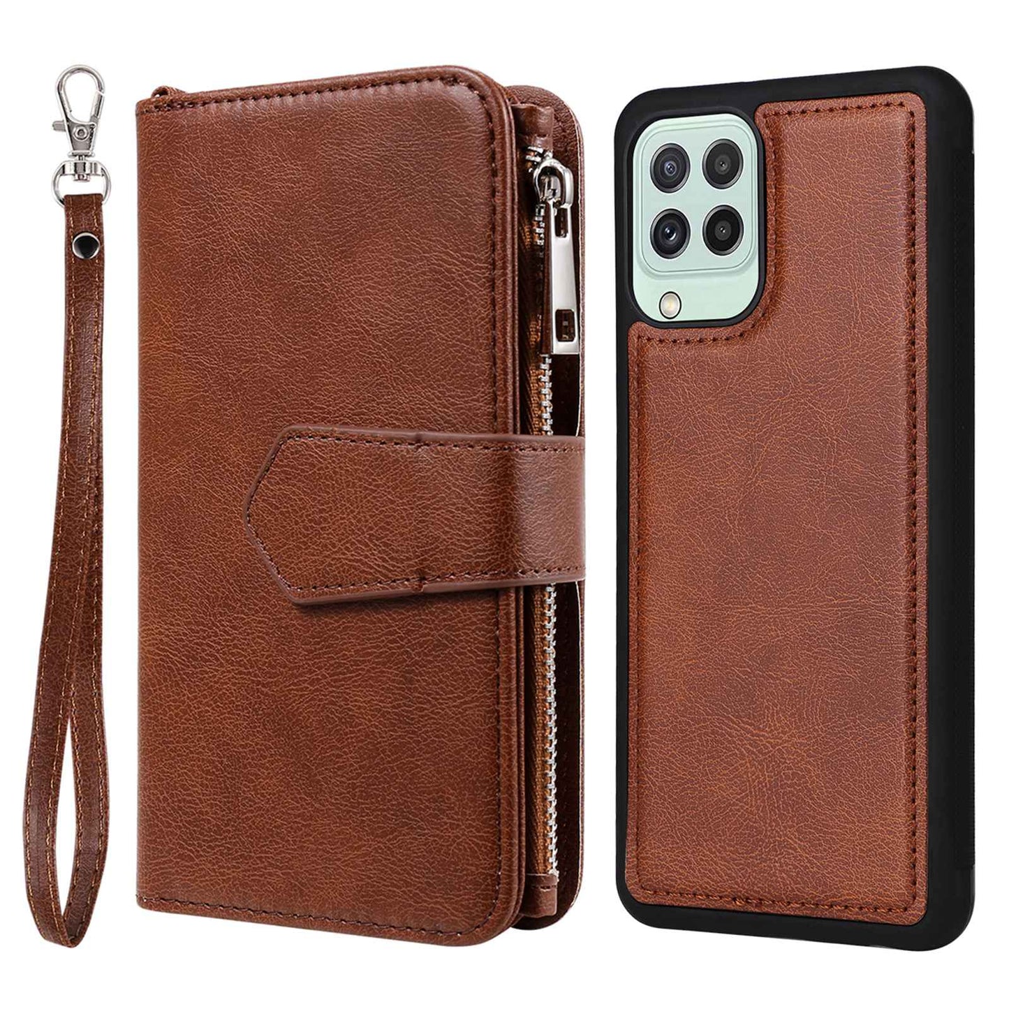 KT Multi-functional Series-4 Magnetic Phone Case for Samsung Galaxy A22 4G (EU Version), Stand PU Leather Wallet Cover with Zipper Pocket