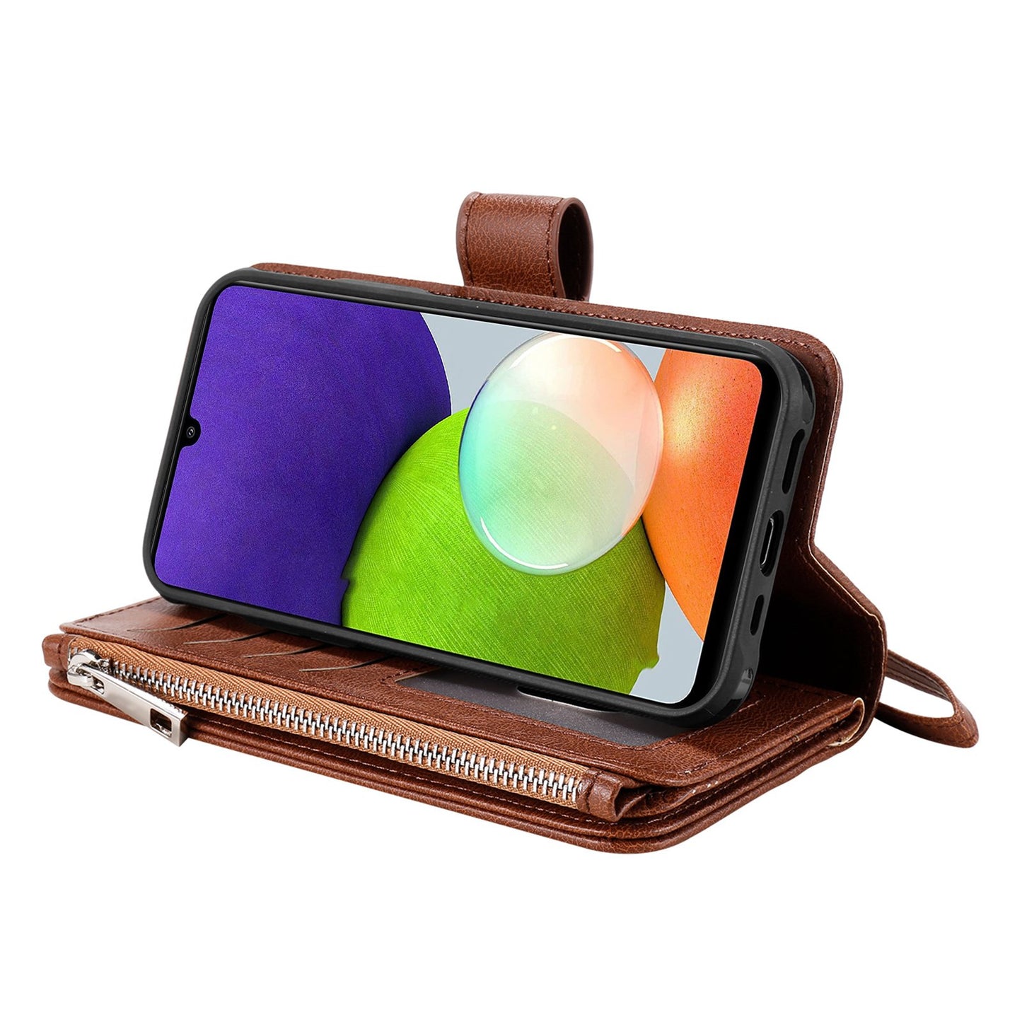 KT Multi-functional Series-4 Magnetic Phone Case for Samsung Galaxy A22 4G (EU Version), Stand PU Leather Wallet Cover with Zipper Pocket