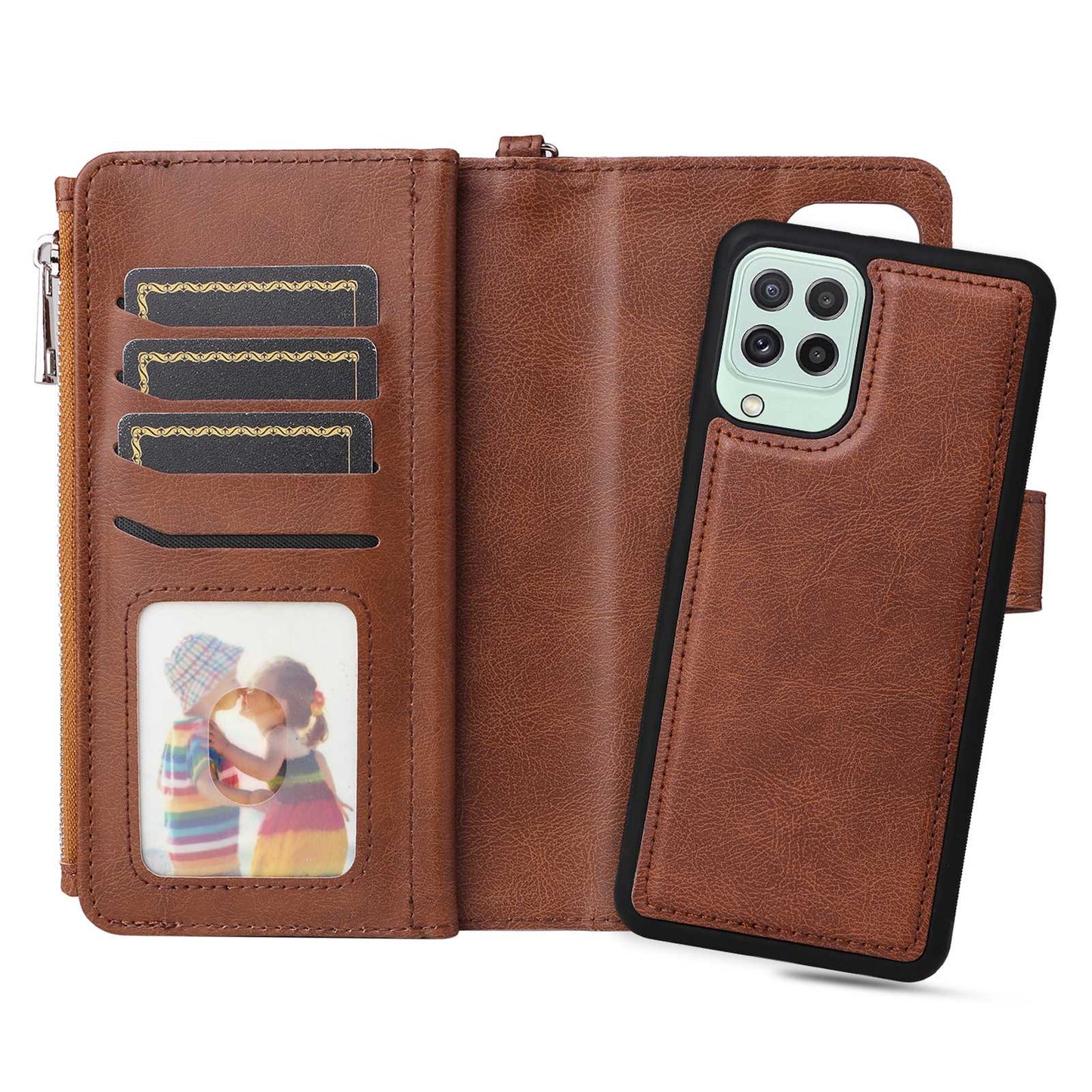 KT Multi-functional Series-4 Magnetic Phone Case for Samsung Galaxy A22 4G (EU Version), Stand PU Leather Wallet Cover with Zipper Pocket