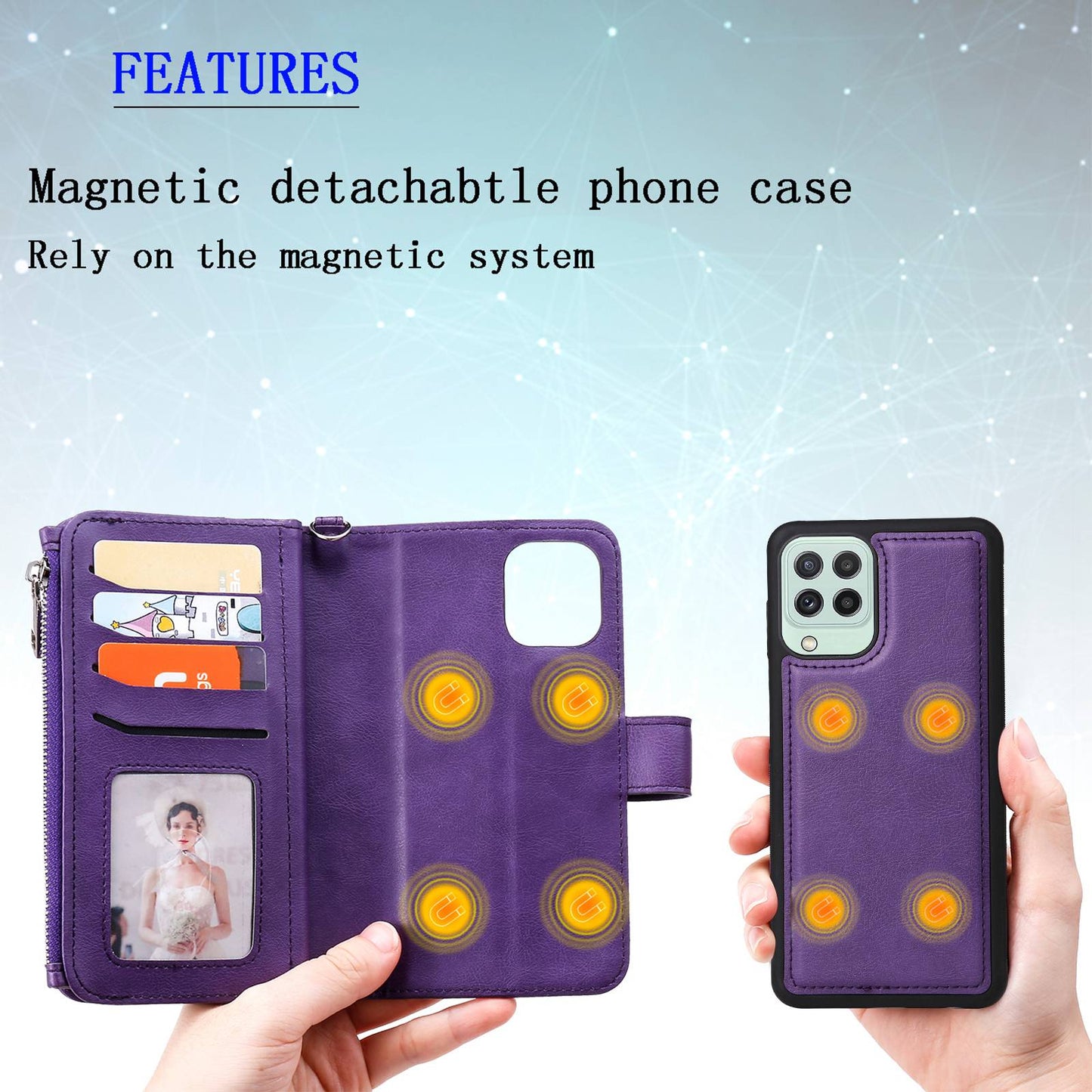 KT Multi-functional Series-4 Magnetic Phone Case for Samsung Galaxy A22 4G (EU Version), Stand PU Leather Wallet Cover with Zipper Pocket