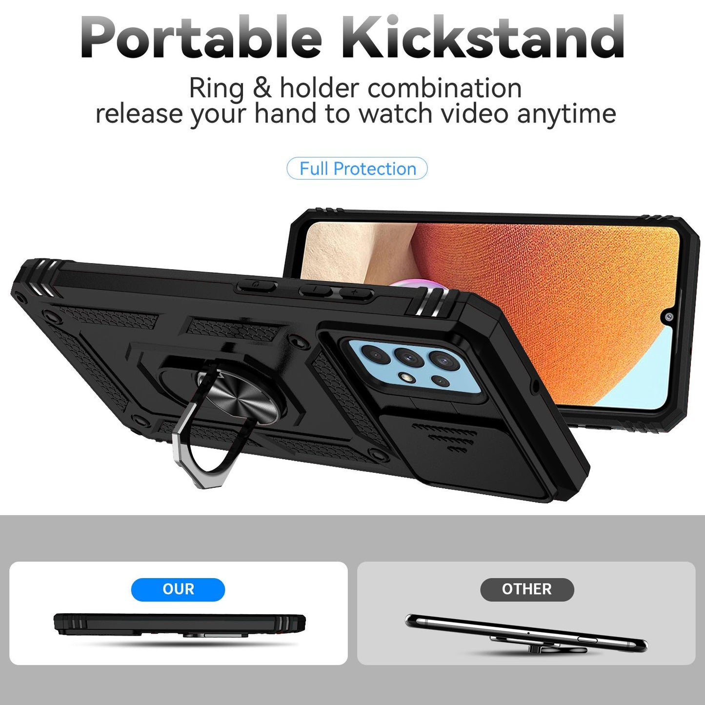 Metal Kickstand Phone Case for Samsung Galaxy A32 4G (EU Version), Shockproof PC + TPU Cover with Slide Camera Protection