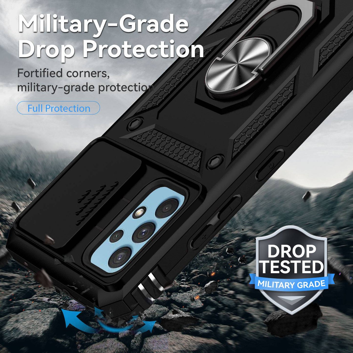 Metal Kickstand Phone Case for Samsung Galaxy A32 4G (EU Version), Shockproof PC + TPU Cover with Slide Camera Protection