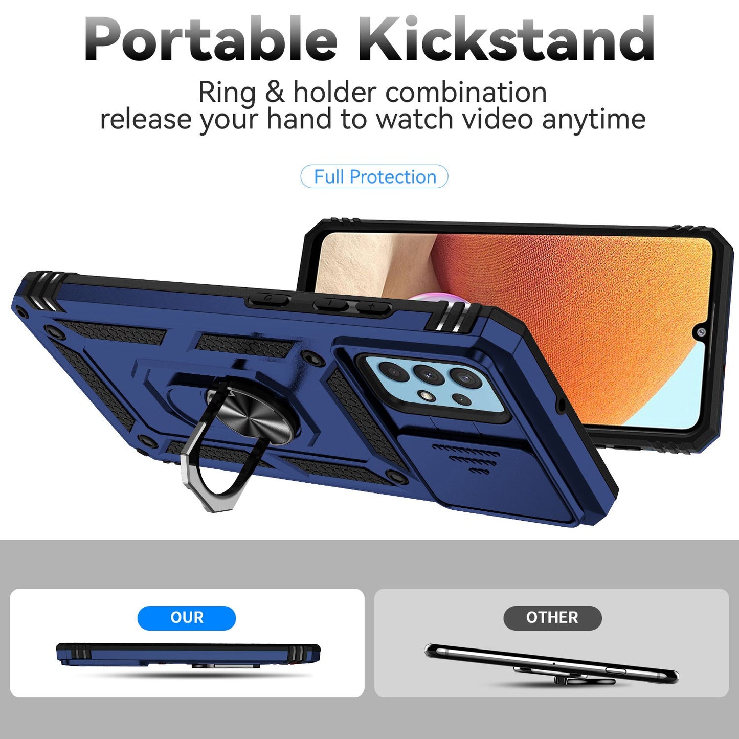 Metal Kickstand Phone Case for Samsung Galaxy A32 4G (EU Version), Shockproof PC + TPU Cover with Slide Camera Protection