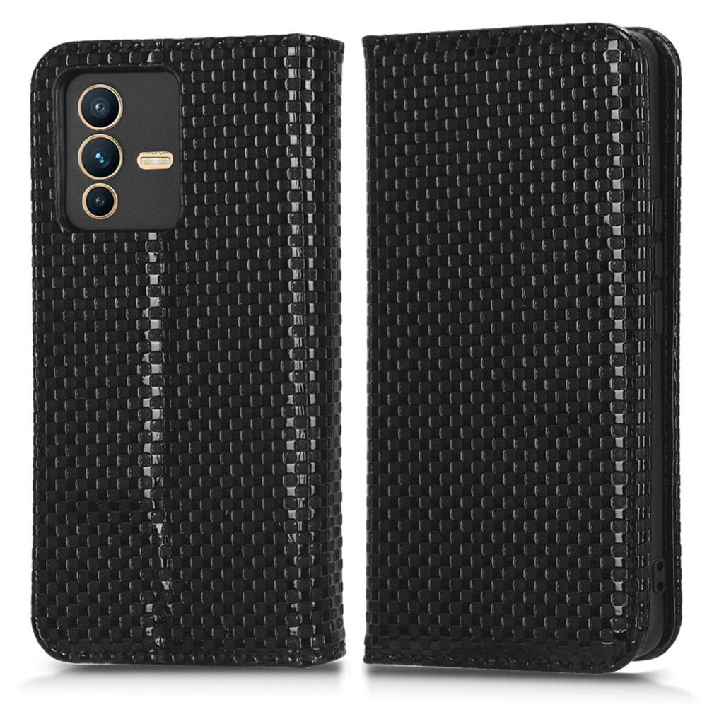 For vivo S12 Pro / V23 Pro 5G Anti-fall Magnetic Auto-absorbed Grid Texture PU Leather Stand Case Cell Phone Wallet Cover