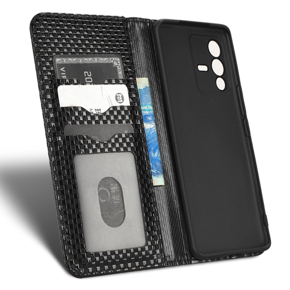 For vivo S12 Pro / V23 Pro 5G Anti-fall Magnetic Auto-absorbed Grid Texture PU Leather Stand Case Cell Phone Wallet Cover