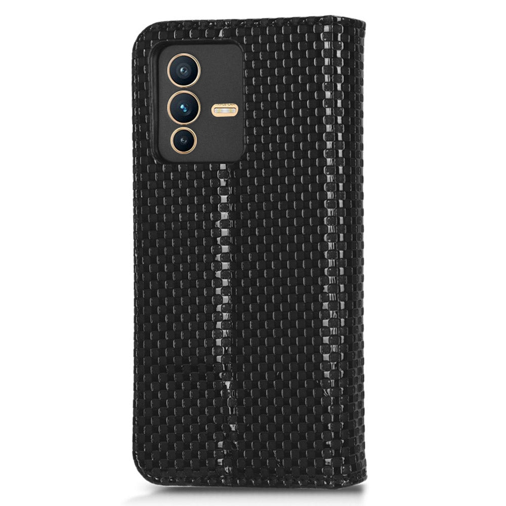 For vivo S12 Pro / V23 Pro 5G Anti-fall Magnetic Auto-absorbed Grid Texture PU Leather Stand Case Cell Phone Wallet Cover