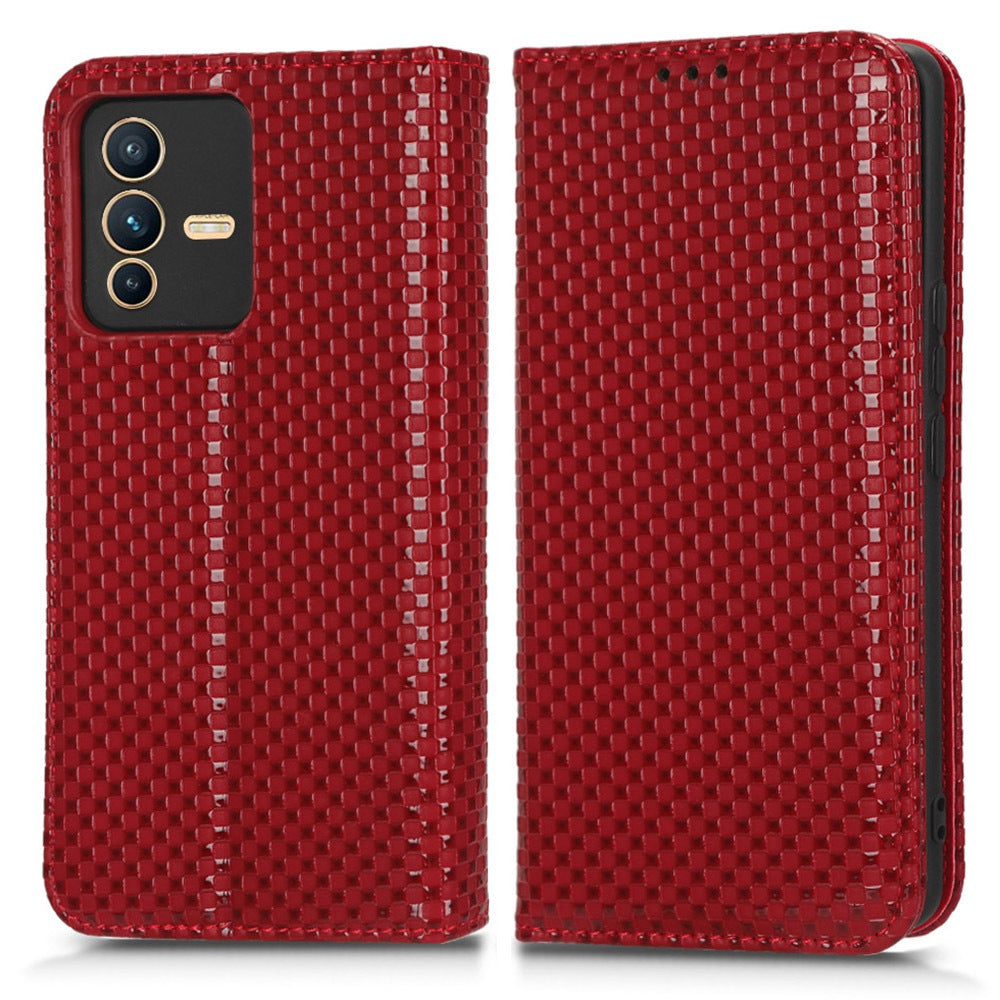 For vivo S12 Pro / V23 Pro 5G Anti-fall Magnetic Auto-absorbed Grid Texture PU Leather Stand Case Cell Phone Wallet Cover