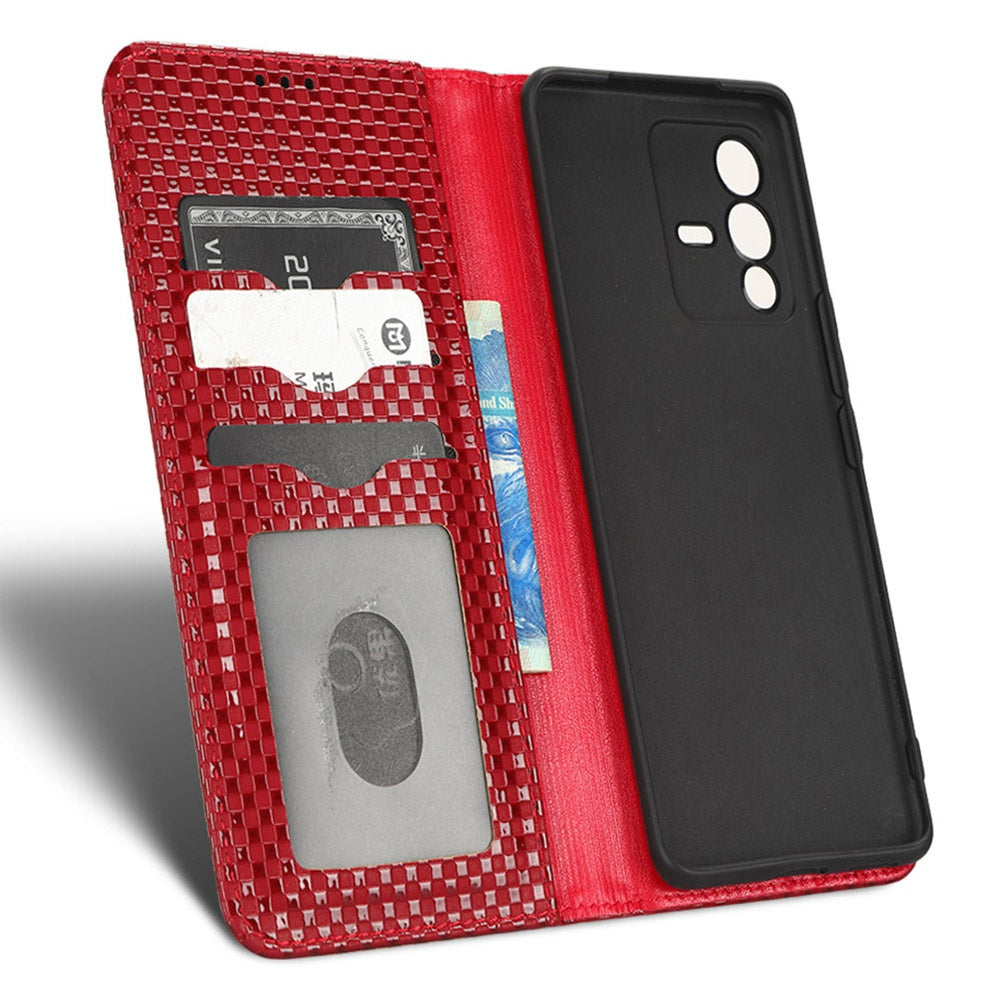 For vivo S12 Pro / V23 Pro 5G Anti-fall Magnetic Auto-absorbed Grid Texture PU Leather Stand Case Cell Phone Wallet Cover