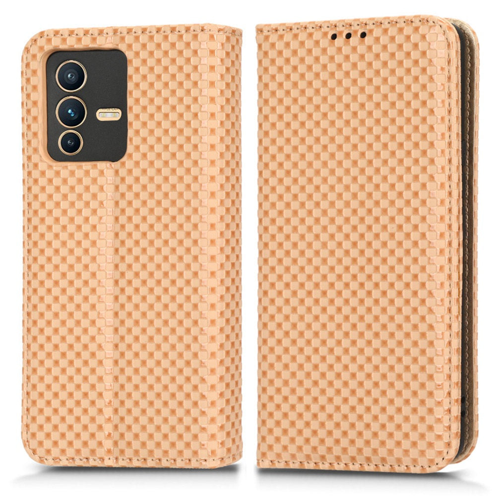 For vivo S12 Pro / V23 Pro 5G Anti-fall Magnetic Auto-absorbed Grid Texture PU Leather Stand Case Cell Phone Wallet Cover