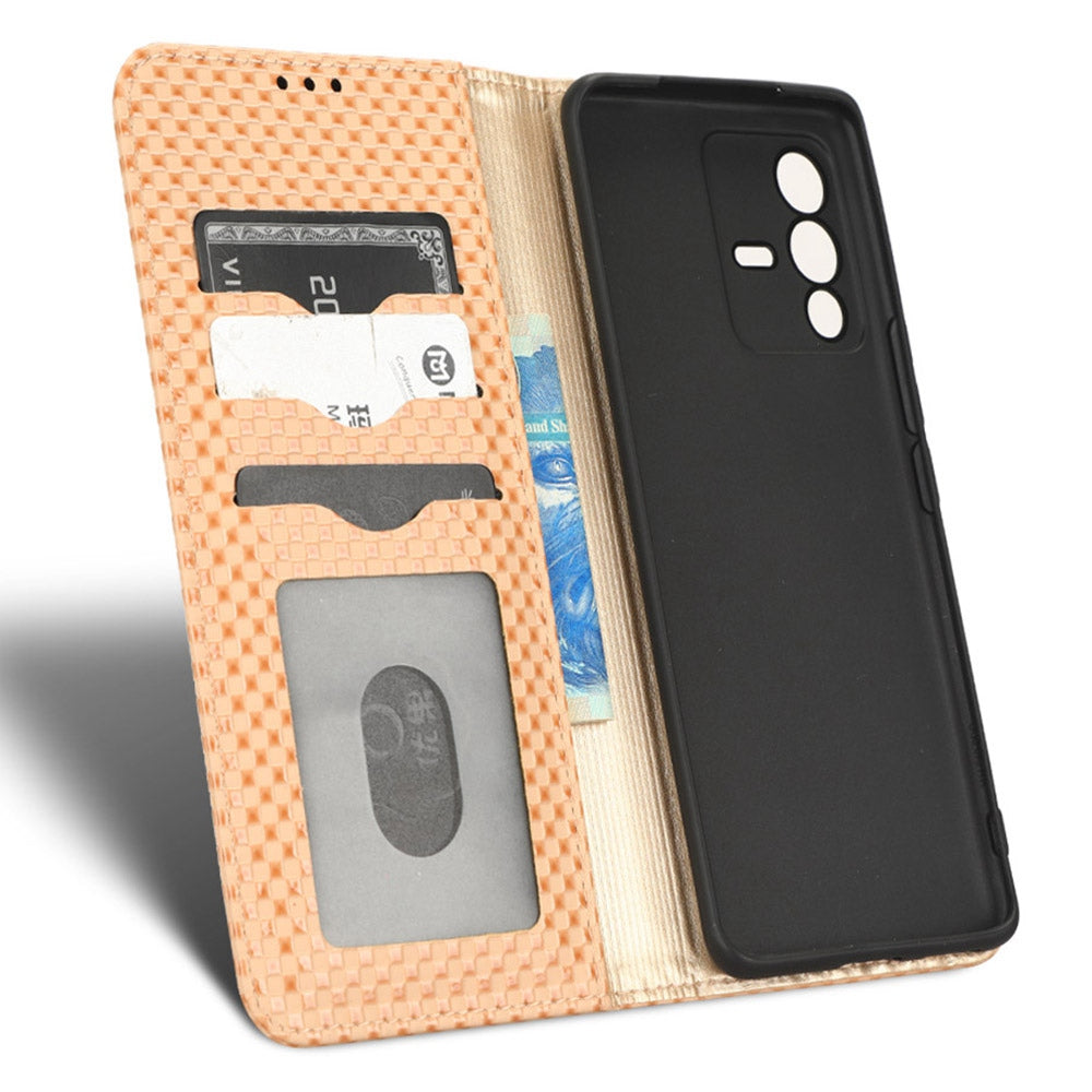 For vivo S12 Pro / V23 Pro 5G Anti-fall Magnetic Auto-absorbed Grid Texture PU Leather Stand Case Cell Phone Wallet Cover