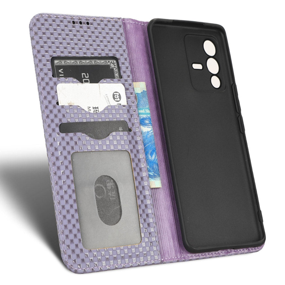 For vivo S12 Pro / V23 Pro 5G Anti-fall Magnetic Auto-absorbed Grid Texture PU Leather Stand Case Cell Phone Wallet Cover