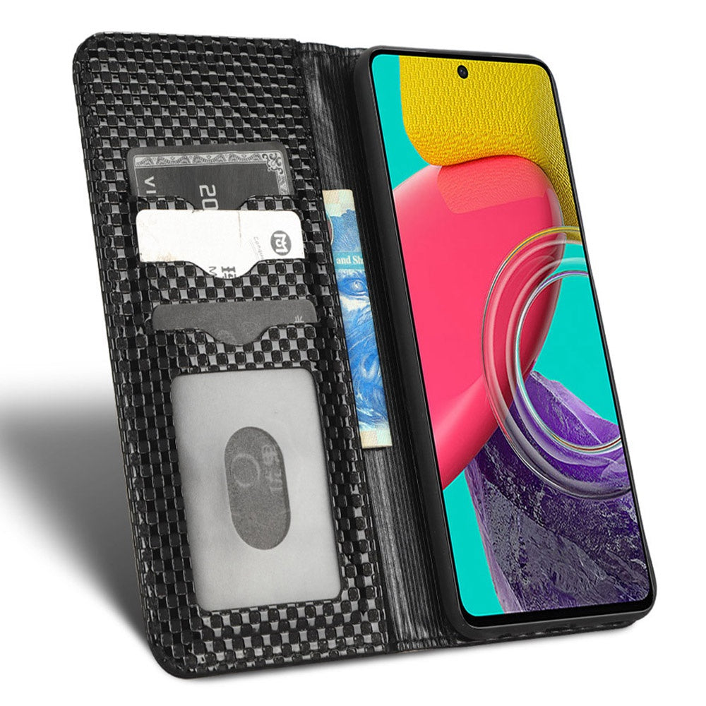 For Samsung Galaxy M53 5G PU Leather Wallet Case Magnetic Absorption Grid Texture Flip Folio Stand Phone Cover