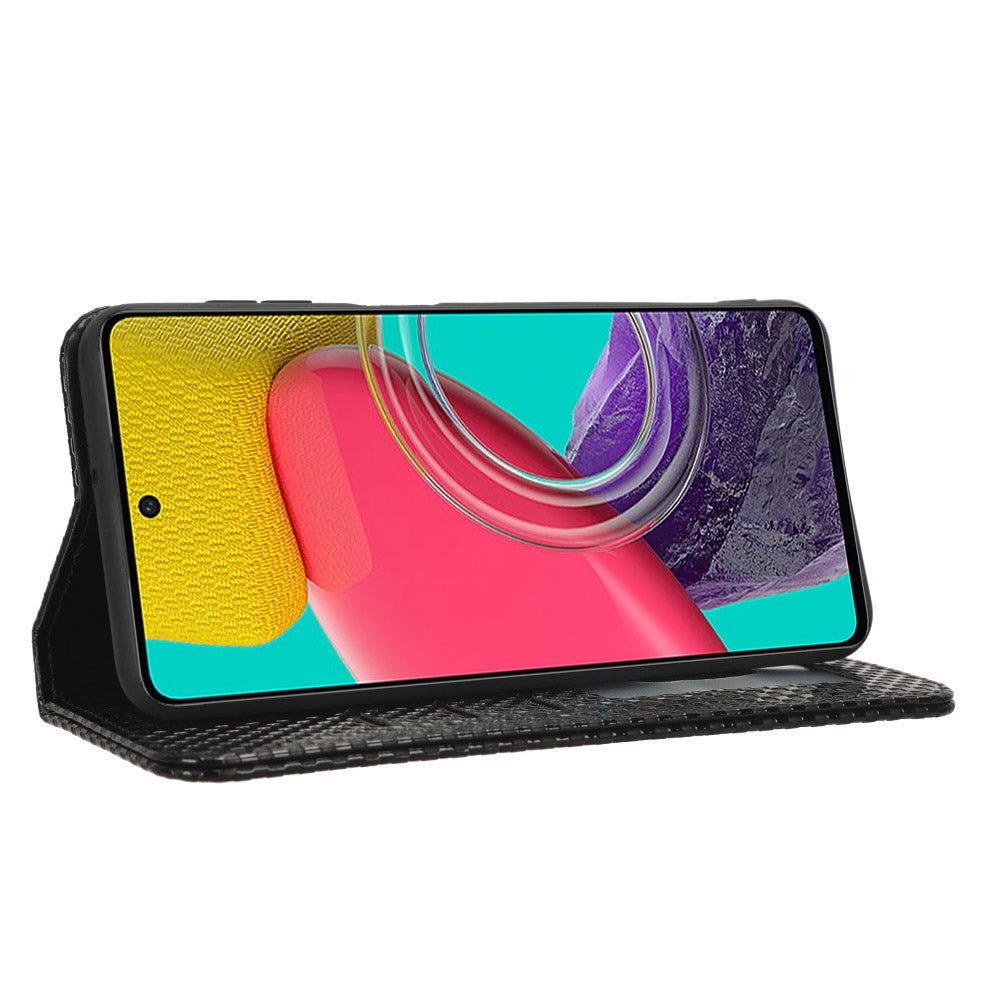 For Samsung Galaxy M53 5G PU Leather Wallet Case Magnetic Absorption Grid Texture Flip Folio Stand Phone Cover