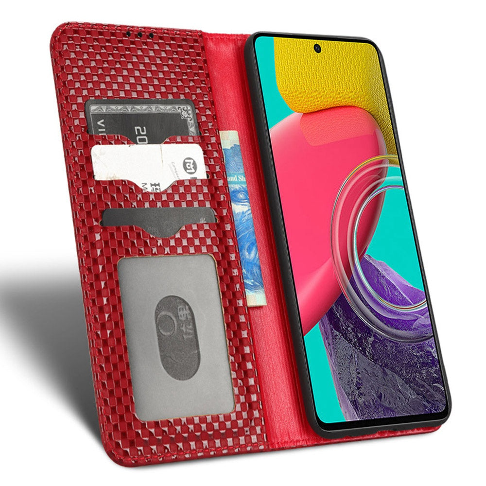 For Samsung Galaxy M53 5G PU Leather Wallet Case Magnetic Absorption Grid Texture Flip Folio Stand Phone Cover
