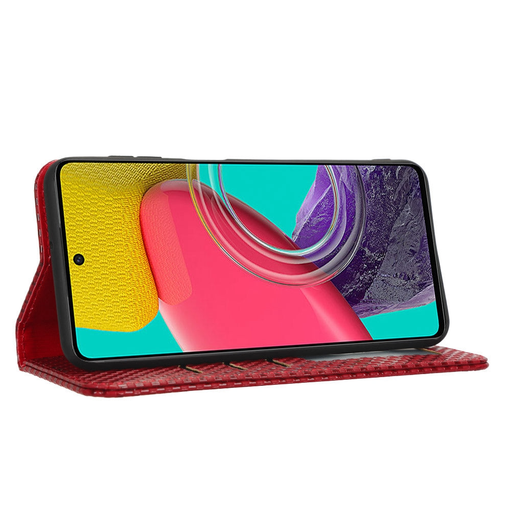For Samsung Galaxy M53 5G PU Leather Wallet Case Magnetic Absorption Grid Texture Flip Folio Stand Phone Cover