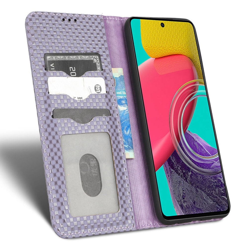 For Samsung Galaxy M53 5G PU Leather Wallet Case Magnetic Absorption Grid Texture Flip Folio Stand Phone Cover
