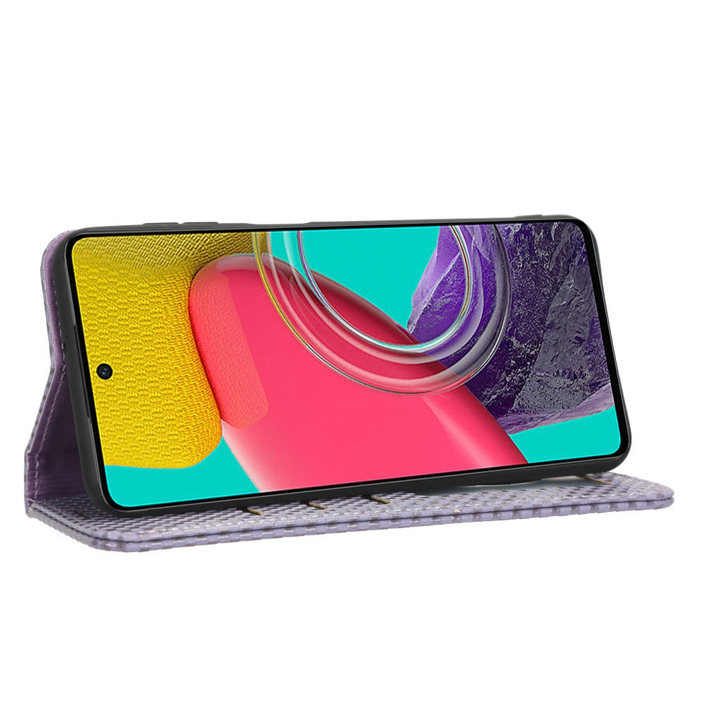 For Samsung Galaxy M53 5G PU Leather Wallet Case Magnetic Absorption Grid Texture Flip Folio Stand Phone Cover
