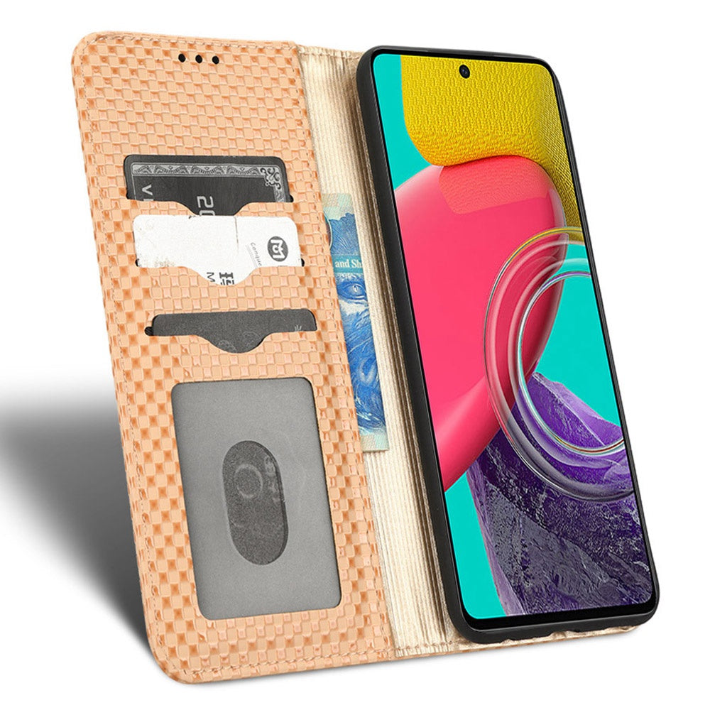 For Samsung Galaxy M53 5G PU Leather Wallet Case Magnetic Absorption Grid Texture Flip Folio Stand Phone Cover