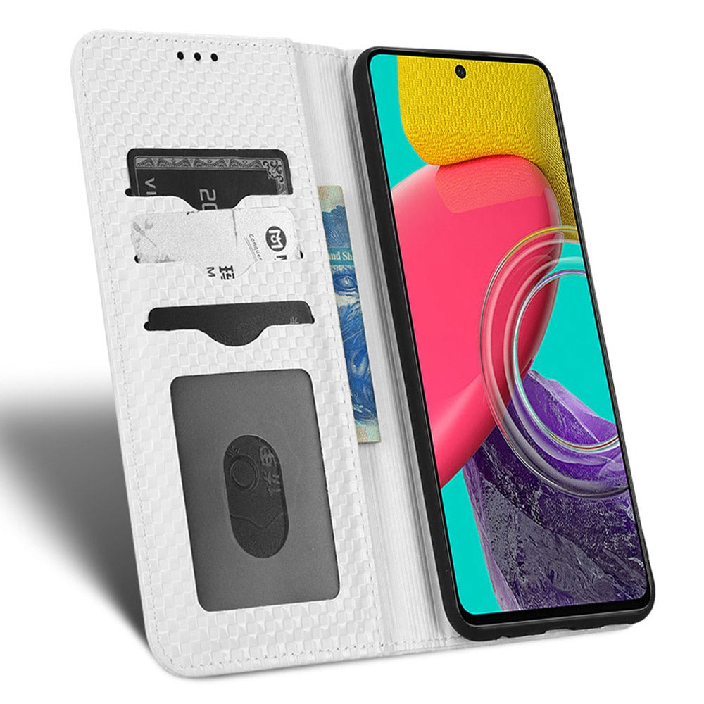 For Samsung Galaxy M53 5G PU Leather Wallet Case Magnetic Absorption Grid Texture Flip Folio Stand Phone Cover