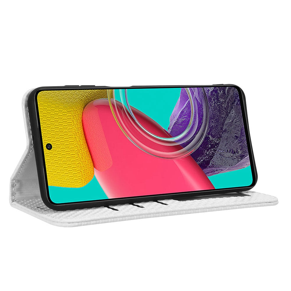 For Samsung Galaxy M53 5G PU Leather Wallet Case Magnetic Absorption Grid Texture Flip Folio Stand Phone Cover