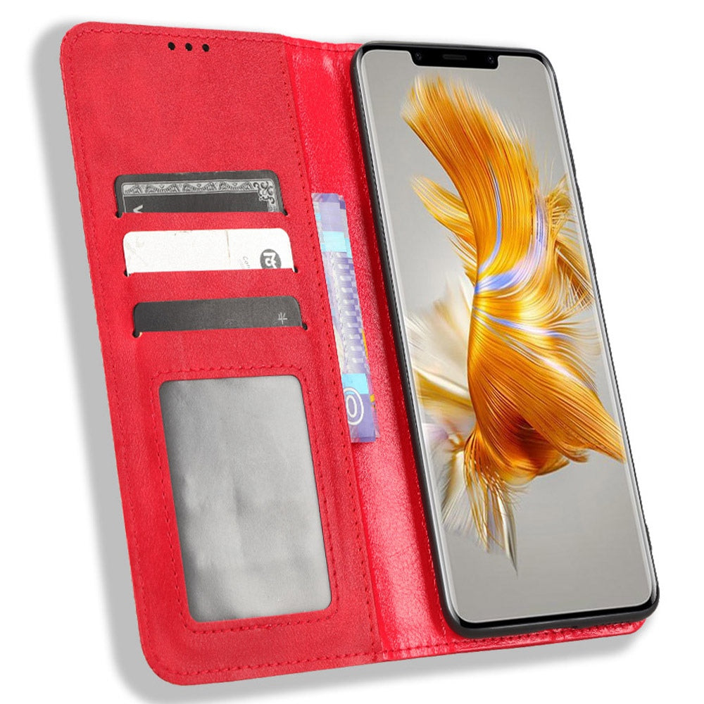 For Huawei Mate 50 Pro 4G Protective Case, Vintage Texture Magnetic Auto-absorbed PU Leather Case Wallet Stand Phone Cover