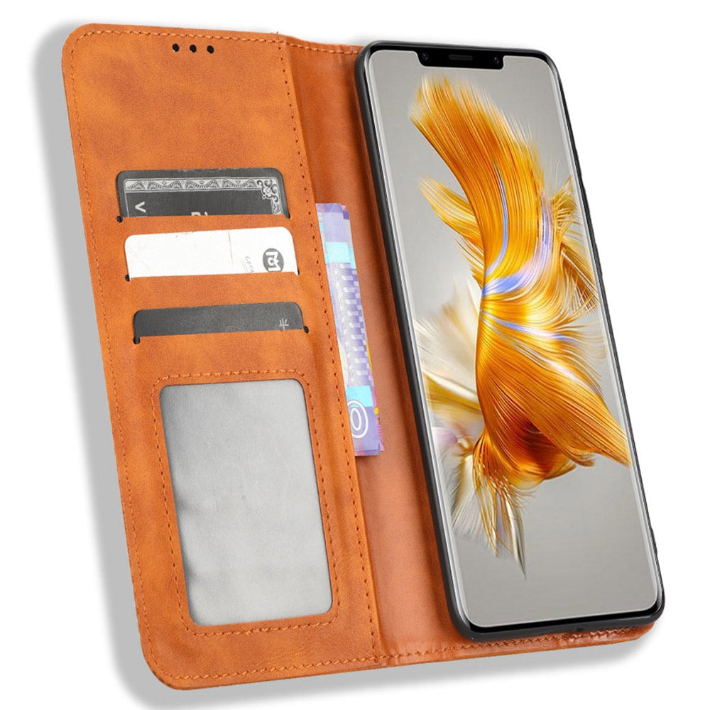 For Huawei Mate 50 Pro 4G Protective Case, Vintage Texture Magnetic Auto-absorbed PU Leather Case Wallet Stand Phone Cover